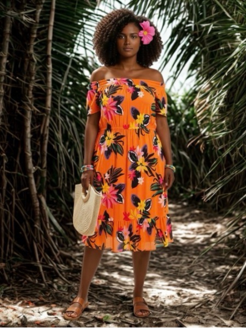 Old Navy Orange Floral Off-Shoulder Midi Dress
